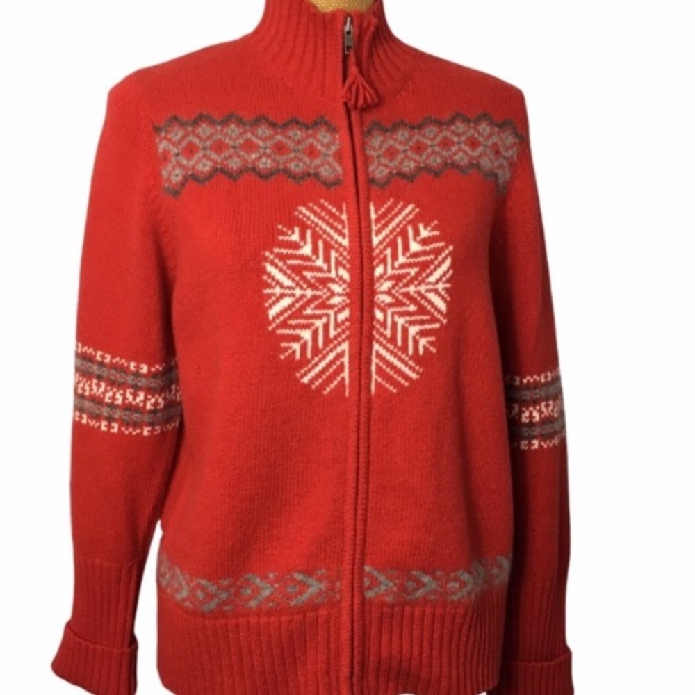 Valerie Stevens Wool Red Knit Snowflake Fair Isle Zip Up Sweater L